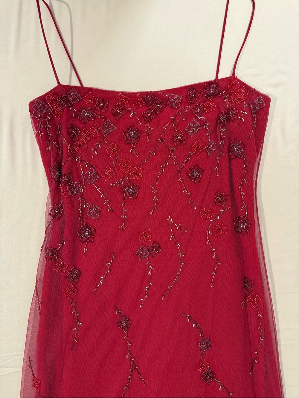 Vintage Laundry By Shelli Segal Red Beaded Spaghetti-Strap Maxi Dress
